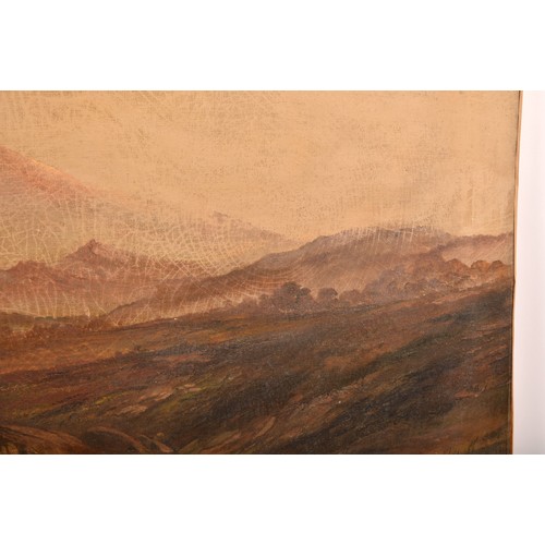 254 - 19th century English Schoola large extensive landscape scene with a fast flowing river in the foregr... 