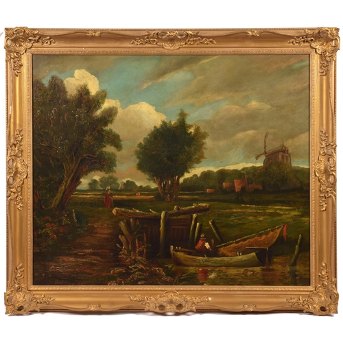 255 - 19th century English Schoola peaceful landscape scene with figures in a boat in the foreground and f... 