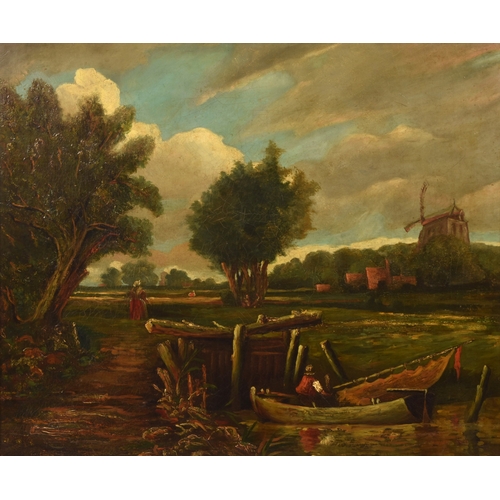 255 - 19th century English Schoola peaceful landscape scene with figures in a boat in the foreground and f... 