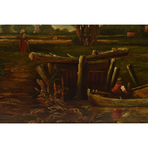 255 - 19th century English Schoola peaceful landscape scene with figures in a boat in the foreground and f... 