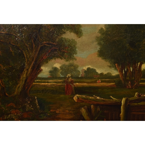 255 - 19th century English Schoola peaceful landscape scene with figures in a boat in the foreground and f... 