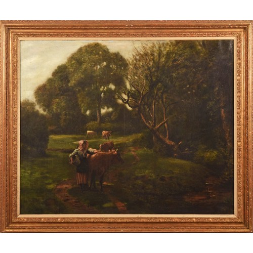 259 - 19th century English Schoola large peaceful country scene of a woman with cows at a stream in a wood... 