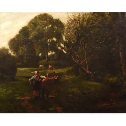 259 - 19th century English Schoola large peaceful country scene of a woman with cows at a stream in a wood... 