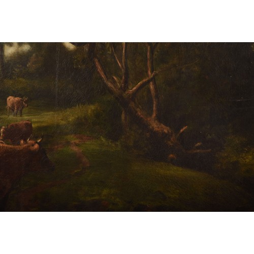 259 - 19th century English Schoola large peaceful country scene of a woman with cows at a stream in a wood... 