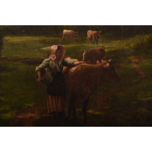 259 - 19th century English Schoola large peaceful country scene of a woman with cows at a stream in a wood... 