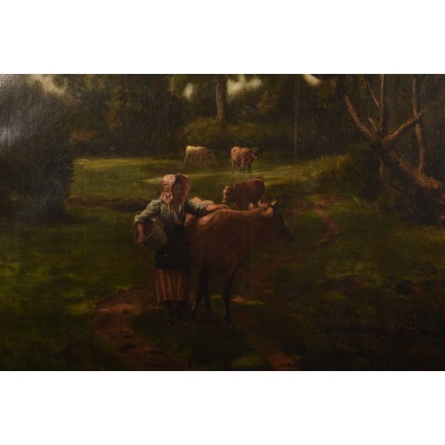 259 - 19th century English Schoola large peaceful country scene of a woman with cows at a stream in a wood... 