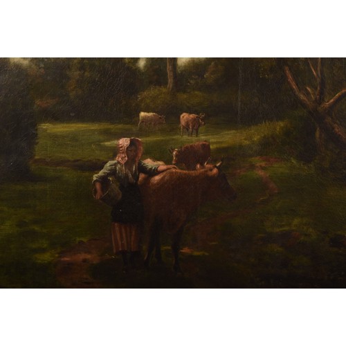 259 - 19th century English Schoola large peaceful country scene of a woman with cows at a stream in a wood... 