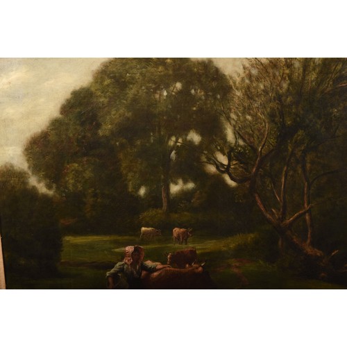 259 - 19th century English Schoola large peaceful country scene of a woman with cows at a stream in a wood... 