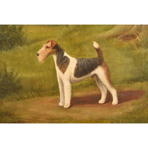 263 - Henry Crowther (British c. 1905-1939)A pair of portraits of Wire Fox Terrier dogs, in landscapes, ea... 