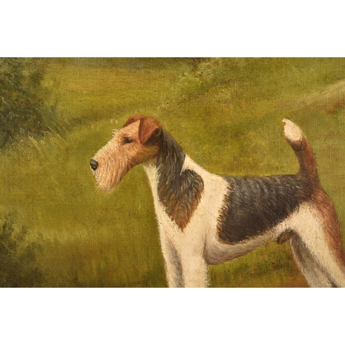 263 - Henry Crowther (British c. 1905-1939)A pair of portraits of Wire Fox Terrier dogs, in landscapes, ea... 