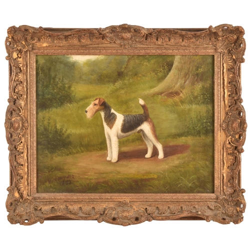 263 - Henry Crowther (British c. 1905-1939)A pair of portraits of Wire Fox Terrier dogs, in landscapes, ea... 