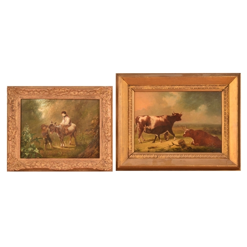 265 - Two gilt framed paintingscomprising a scene of cows in a landscape, oil on panel, 37 x 26 cm; and a ... 