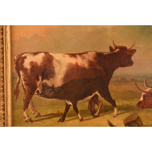 265 - Two gilt framed paintingscomprising a scene of cows in a landscape, oil on panel, 37 x 26 cm; and a ... 