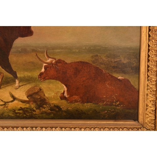 265 - Two gilt framed paintingscomprising a scene of cows in a landscape, oil on panel, 37 x 26 cm; and a ... 