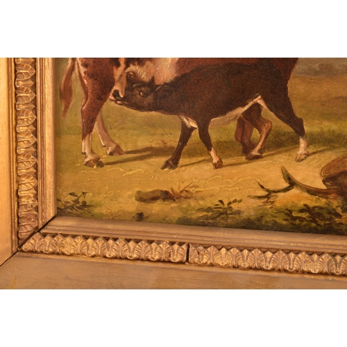 265 - Two gilt framed paintingscomprising a scene of cows in a landscape, oil on panel, 37 x 26 cm; and a ... 