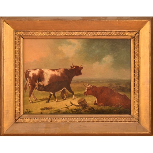 265 - Two gilt framed paintingscomprising a scene of cows in a landscape, oil on panel, 37 x 26 cm; and a ... 