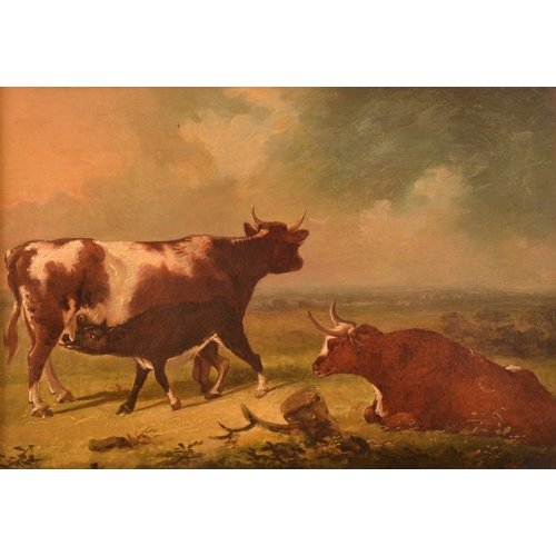 265 - Two gilt framed paintingscomprising a scene of cows in a landscape, oil on panel, 37 x 26 cm; and a ... 