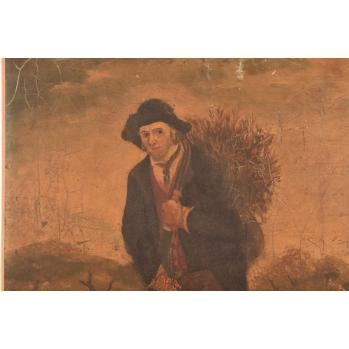 267 - 19th century English Schoola portrait of a man collecting firewood in a landscape, appears unsigned,... 