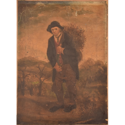 267 - 19th century English Schoola portrait of a man collecting firewood in a landscape, appears unsigned,... 