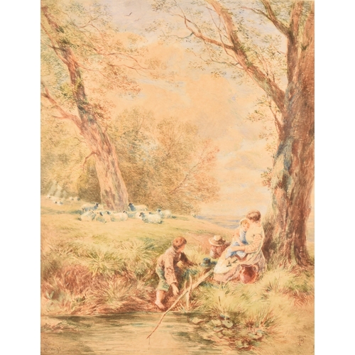 269 - Myles Birket Foster RWS (British, 1825-1899)'Family Fishing on the Banks of a Pool with Sheep and Vi... 