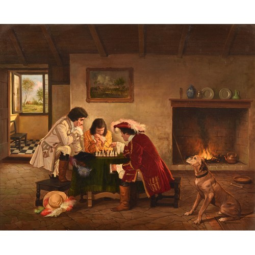 272 - J Berry (20th century)An interior scene with three musketeers playing chess, a dog looking on, oil o... 