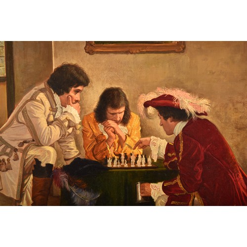 272 - J Berry (20th century)An interior scene with three musketeers playing chess, a dog looking on, oil o... 