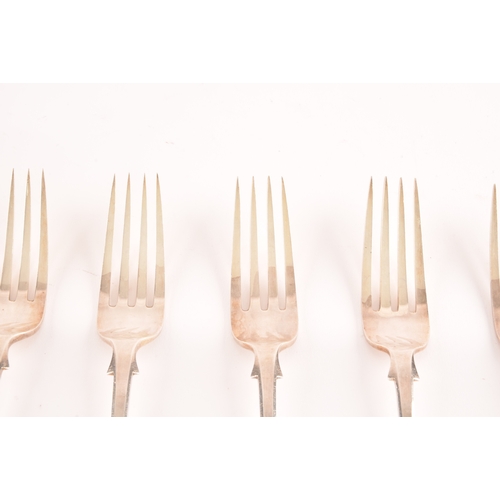 186 - A set of six Victorian large silver dinner forks, hallmarked London 1875, by H J Lias & Son (Hen... 