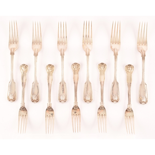 188 - A group of Victorian silver shell pattern forks, comprising six large forks hallmarked London 1899 b... 