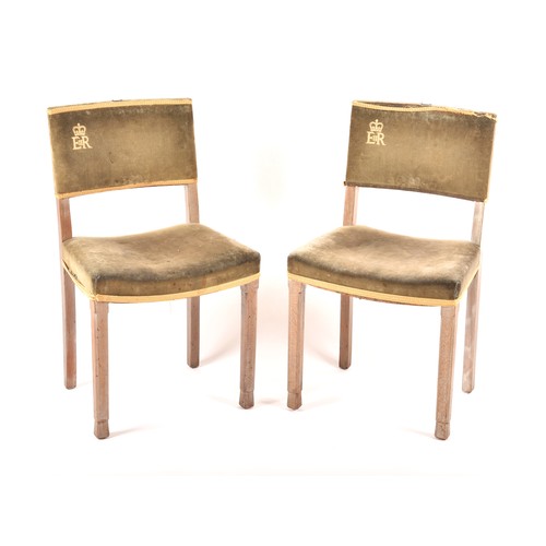 290 - A rare pair of Elizabeth II limed oak and velvet upholstered 1953 Coronation chairs, most likely fro... 