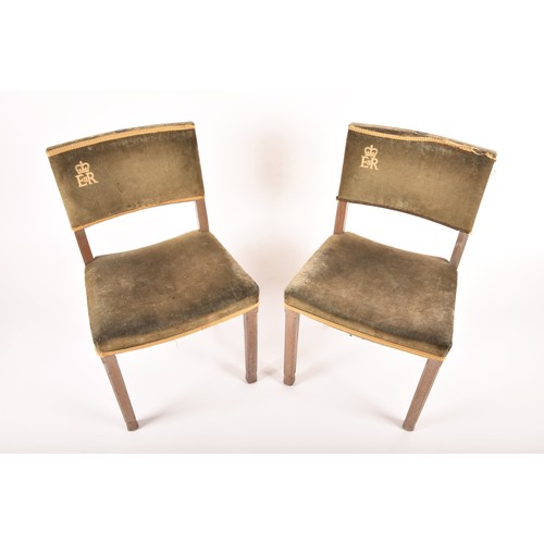 290 - A rare pair of Elizabeth II limed oak and velvet upholstered 1953 Coronation chairs, most likely fro... 