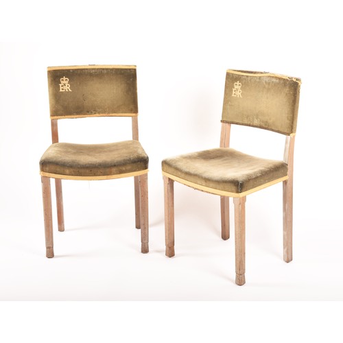 290 - A rare pair of Elizabeth II limed oak and velvet upholstered 1953 Coronation chairs, most likely fro... 