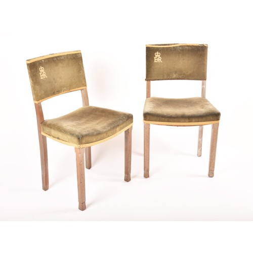 290 - A rare pair of Elizabeth II limed oak and velvet upholstered 1953 Coronation chairs, most likely fro... 