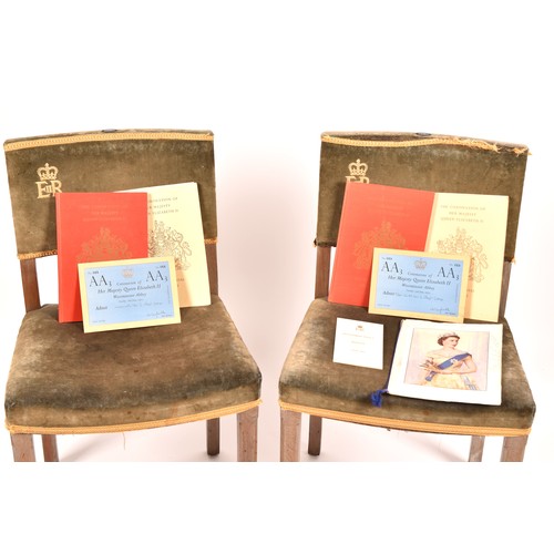 290 - A rare pair of Elizabeth II limed oak and velvet upholstered 1953 Coronation chairs, most likely fro... 