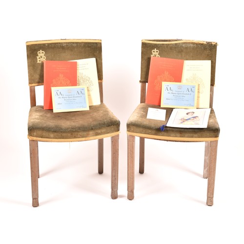 290 - A rare pair of Elizabeth II limed oak and velvet upholstered 1953 Coronation chairs, most likely fro... 