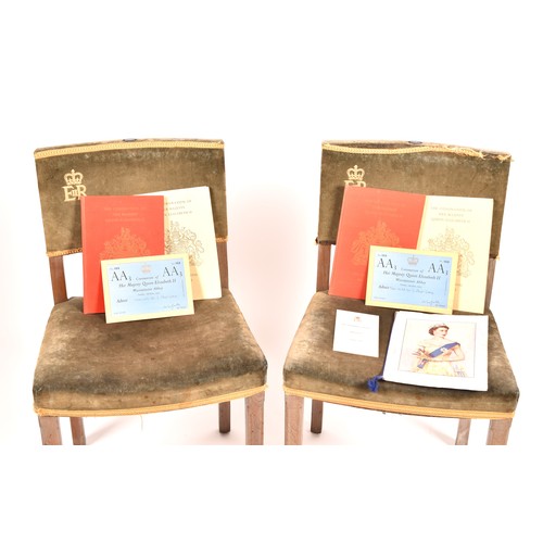 290 - A rare pair of Elizabeth II limed oak and velvet upholstered 1953 Coronation chairs, most likely fro... 