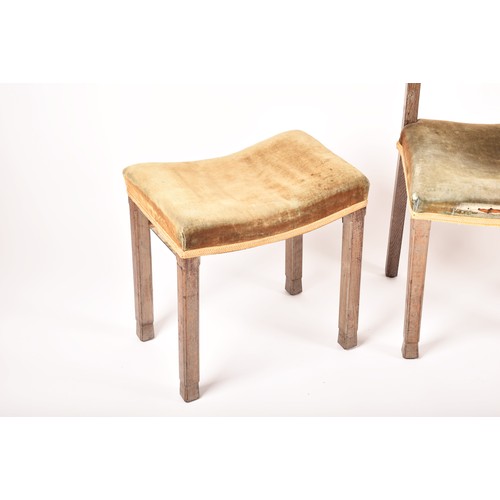 291 - A George VI limed oak and velvet upholstered 1937 Coronation chair and a pair of coronation stools, ... 