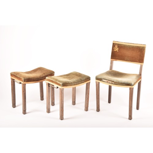 291 - A George VI limed oak and velvet upholstered 1937 Coronation chair and a pair of coronation stools, ... 