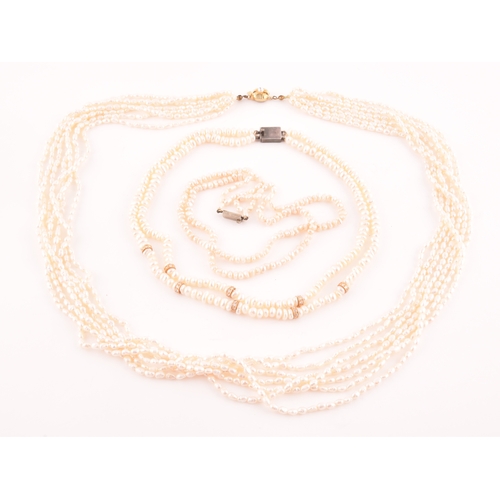 102 - A six strand necklace of 'rice crispie' pearls, fastened with a gilt metal clasp, together with a do... 