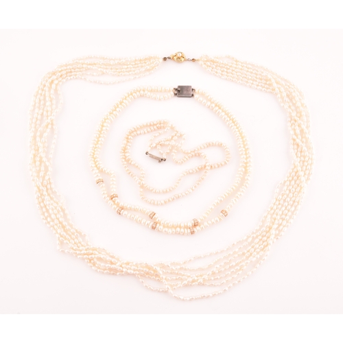 102 - A six strand necklace of 'rice crispie' pearls, fastened with a gilt metal clasp, together with a do... 