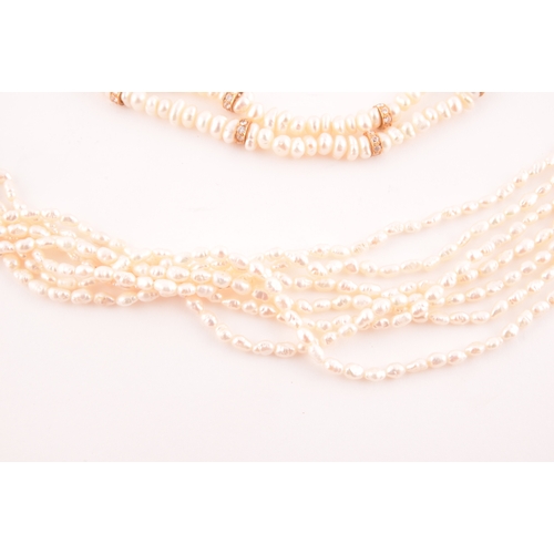 102 - A six strand necklace of 'rice crispie' pearls, fastened with a gilt metal clasp, together with a do... 