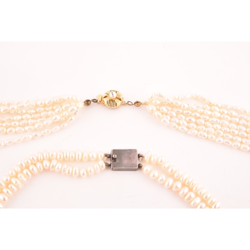 102 - A six strand necklace of 'rice crispie' pearls, fastened with a gilt metal clasp, together with a do... 