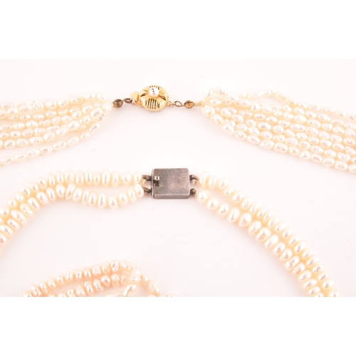 102 - A six strand necklace of 'rice crispie' pearls, fastened with a gilt metal clasp, together with a do... 