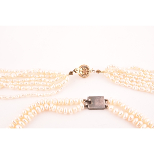 102 - A six strand necklace of 'rice crispie' pearls, fastened with a gilt metal clasp, together with a do... 