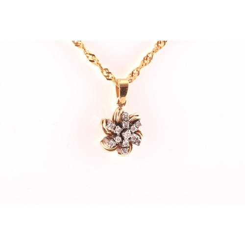 107 - A yellow metal and diamond floral diamond starburst pendant, set with thirteen round brilliant-cut d... 