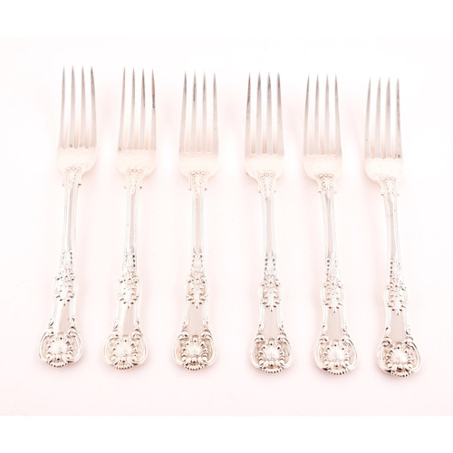 197 - A set of six George IV silver crested dining forks, hallmarked London 1830 by William Traies (Grimwa... 