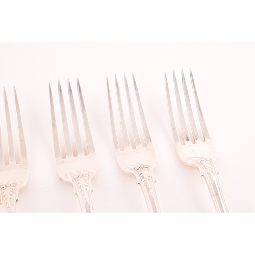 197 - A set of six George IV silver crested dining forks, hallmarked London 1830 by William Traies (Grimwa... 