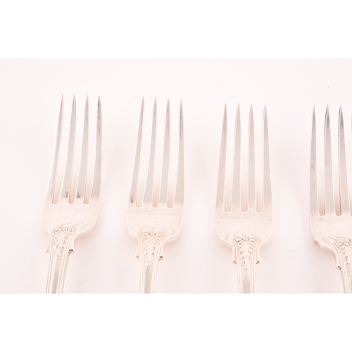 197 - A set of six George IV silver crested dining forks, hallmarked London 1830 by William Traies (Grimwa... 