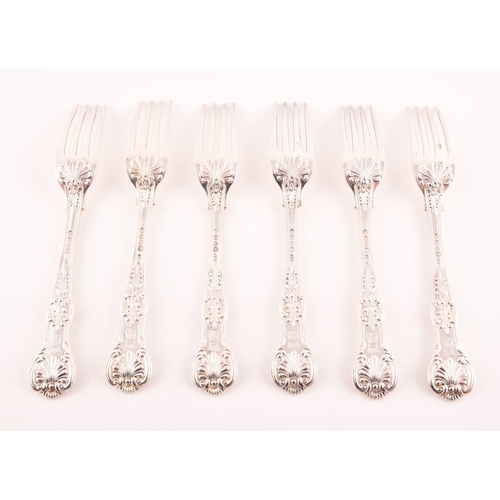 197 - A set of six George IV silver crested dining forks, hallmarked London 1830 by William Traies (Grimwa... 