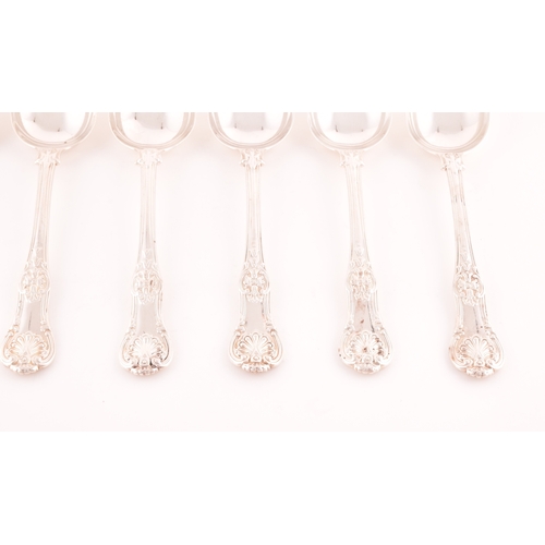 198 - A set of six William IV Queens Anthemion pattern silver serving spoons, hallmarked London 1832 by Wi... 