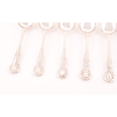 198 - A set of six William IV Queens Anthemion pattern silver serving spoons, hallmarked London 1832 by Wi... 